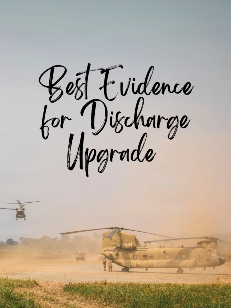 Best Evidence for Discharge Upgrade title with military helicopters in background on dirt helipad.