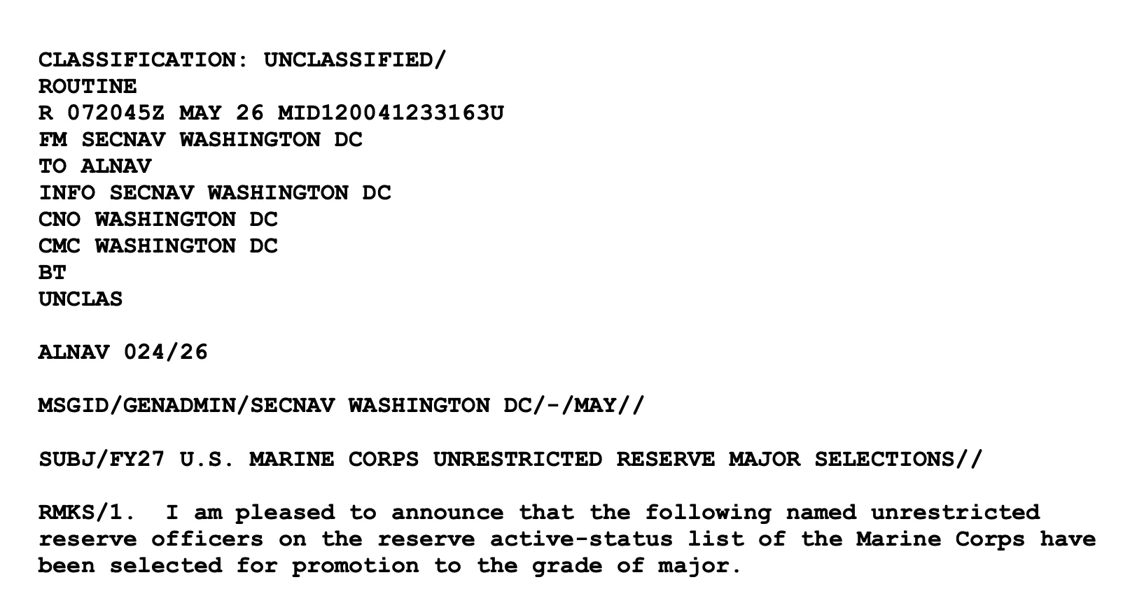 ALNAV 024/26 FY27 Marine Corps Reserve Major selections