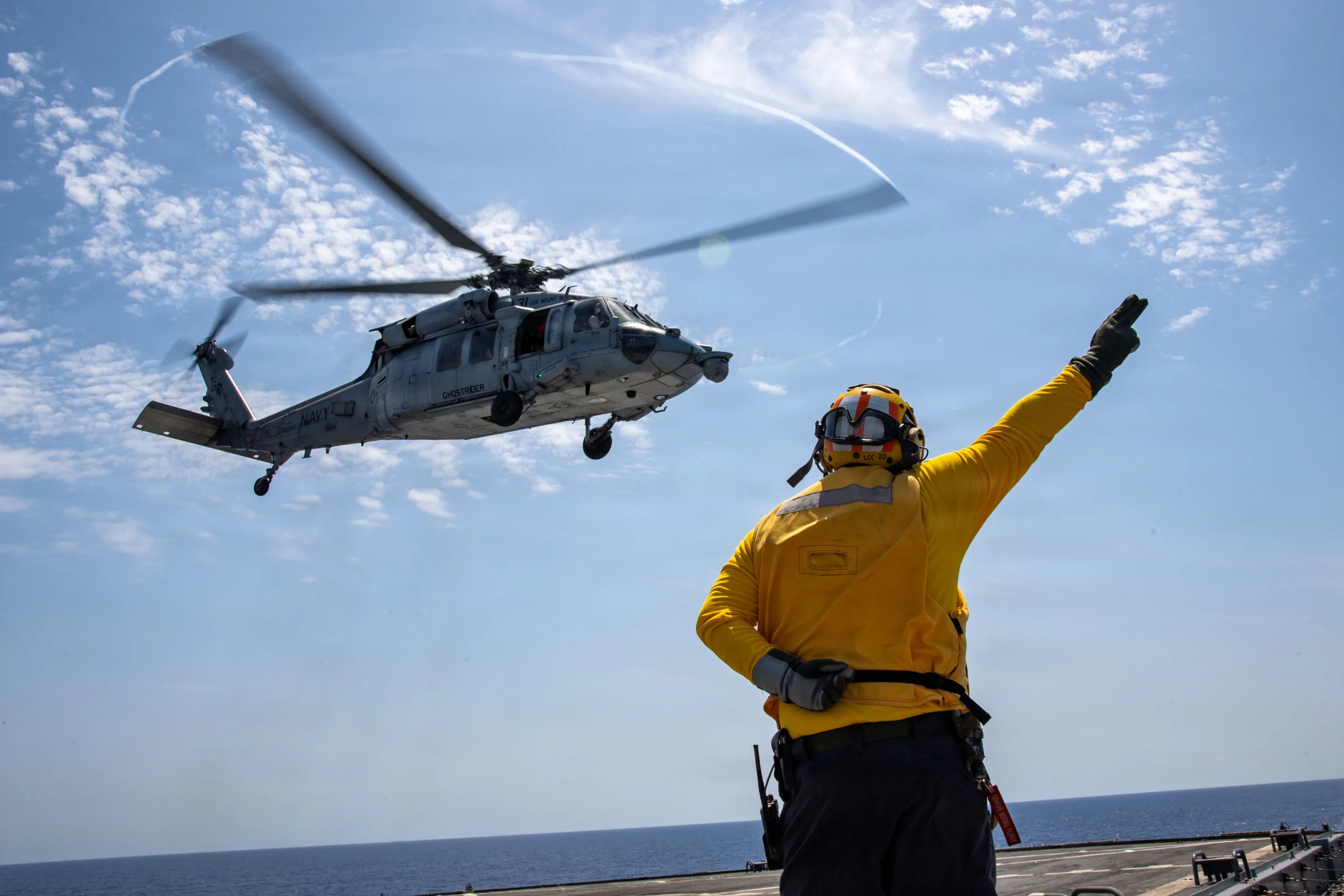Navy Sailors on Flight Deck with helicopter